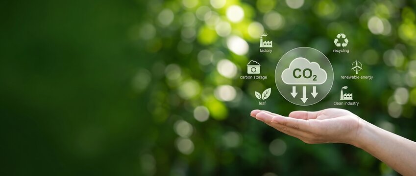 Person holding a digital interface showing carbon dioxide reduction icons against a blurred green forest background with copy space.