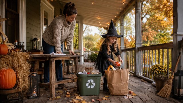 Mother and daughter clean a porch after Halloween. A girl in a witch costume sorts pumpkins beside a recycling bin and bag, with leaves and porch decorations nearby. Halloween cleanup theme.