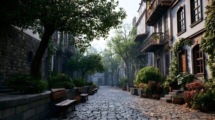 Fototapeta premium A quiet cobblestone street lined with old buildings trees and benches under soft daylight
