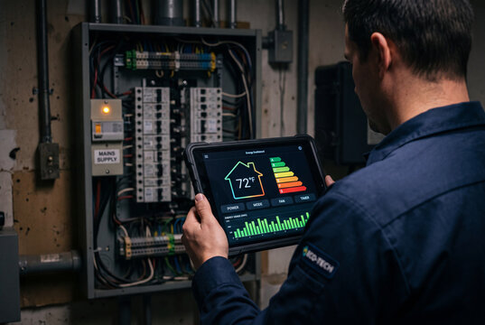 Electrician Using Digital Tablet to Monitor Smart Home Energy Consumption at Electrical Breaker Panel