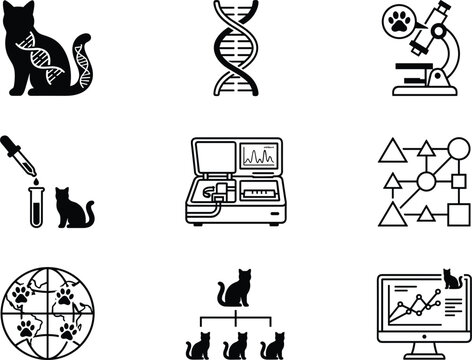 Feline genetics and veterinary science icon set featuring cat DNA strand, laboratory microscope, test tube, and breeding chart.eps