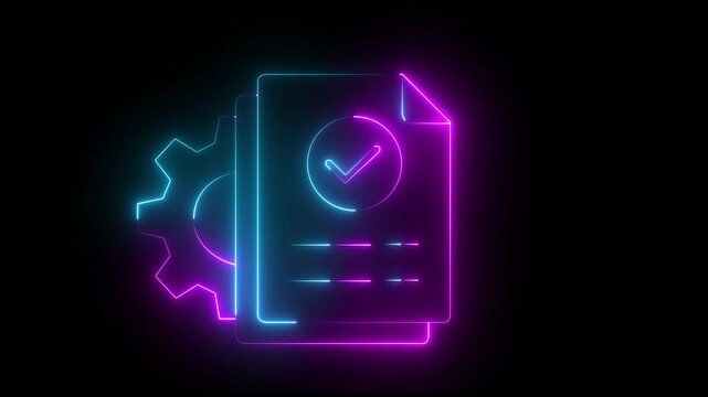 Glowing neon Digital document verification and approval with secure online workflow, check marks, data verification, file management icon. pink and blue color icon.