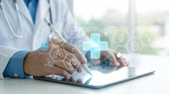 Digital medical research concept, doctor reviewing AI-assisted patient data analysis for differential diagnosis, health technology development, clinical decision support, and scientific innovation