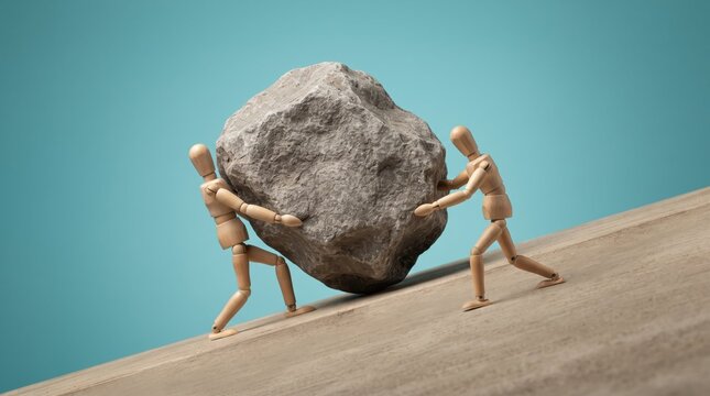Two cartoon ants pushing a giant rock together