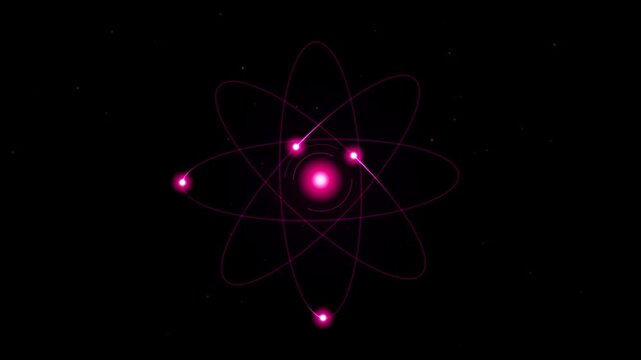 Abstract glowing pink atom model with orbiting electrons on a dark black space background
