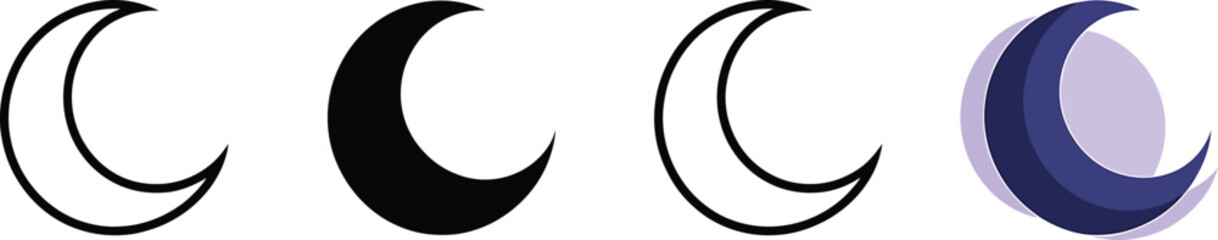 Four crescent moon in a row featuring black outline, solid black, and purple color variations for night © Md. Haaider Ali