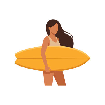 Surfer Girl Holding Yellow Surfboard, Summer Beach Lifestyle Vector Illustration