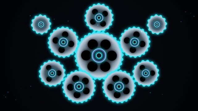 Abstract digital background with glowing neon gears and cogs rotating in a mechanical clockwork mechanism on a dark background
