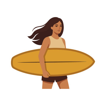Surfer Woman Holding Yellow Surfboard Vector Illustration