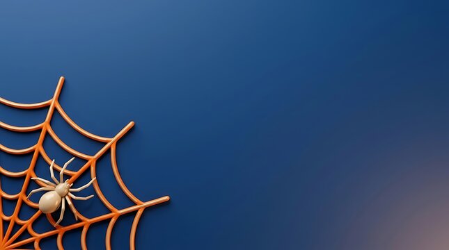 A stylized orange plastic spider and web on a deep blue background, perfect for minimalist Halloween marketing and seasonal designs