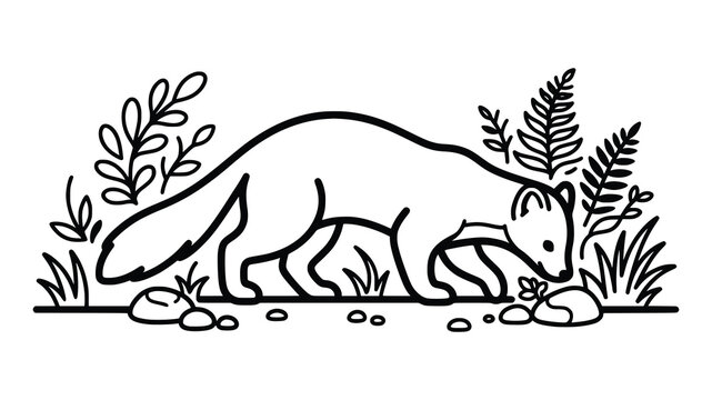 Black and white line art vector of a weasel walking outdoors