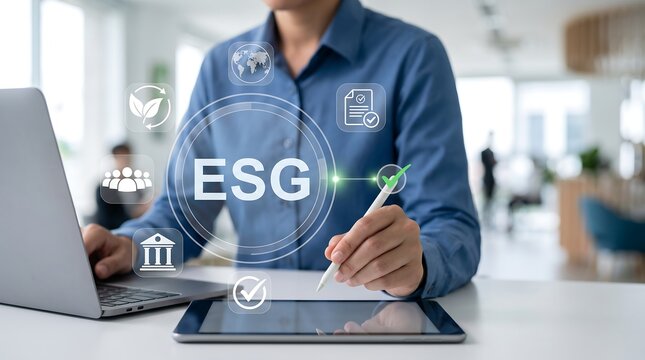Professional using a digital tablet to manage ESG compliance metrics in a modern office environment
