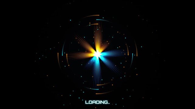 Abstract digital loading screen with glowing orange and blue light particles and circular energy rings on a black background