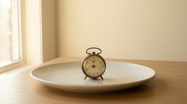 A small antique alarm clock sits centered on a large ceramic plate. The clock face features a faint glow from the vintage watch hands. Weird wins concept about strange breakfast time choices