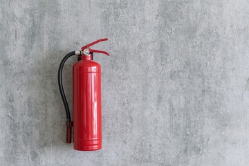 Fototapeta premium The Red Fire Extinguisher Mounted on a Rough Concrete Wall in Warehouse