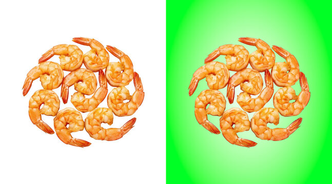 Cooked shrimp arranged in circular patterns on green background