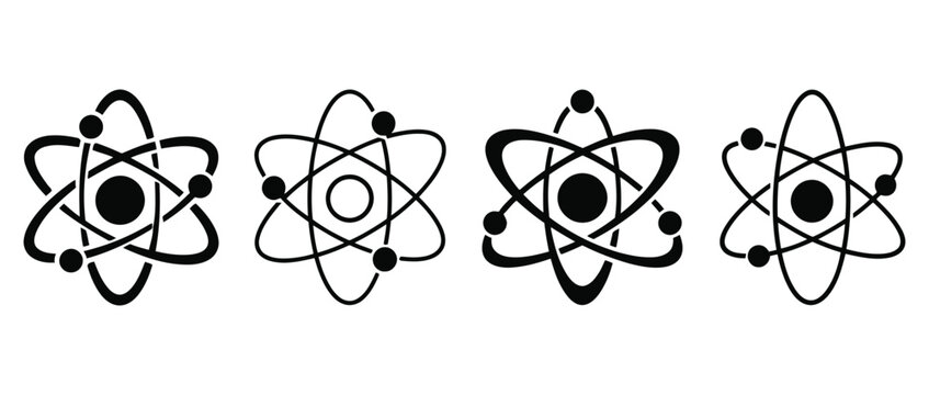 Set of atom and science physics symbols with orbiting electrons in black and white vector science icon physics sign electron orbit chemistry icon molecule icon laboratory sig
