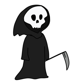 Cute grim reaper cartoon character with scythe vector illustration isolated on transparent background