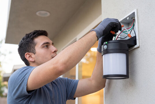 Electrician Installing Outdoor Motion Sensor Security Wall Light on Residential House Porch For Smart Home Technology