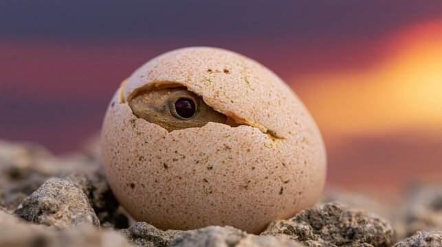 The Eggshell Emerges Hidden Hatchling Eye Peering From Cracked Surface At Sunset