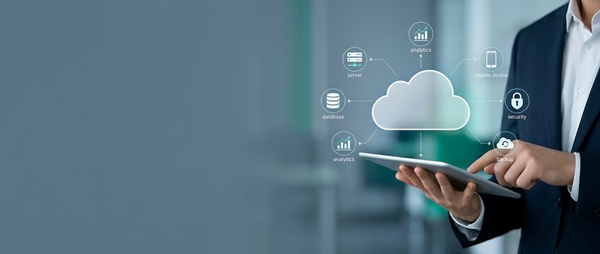 Professional businessman using a digital tablet to manage cloud computing services in a modern office