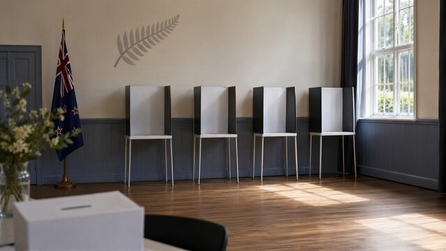Voting booths stand ready beside a New Zealand flag and ballot box. Each booth has a tall privacy screen. New Zealand election voting supports democracy and civic participation.