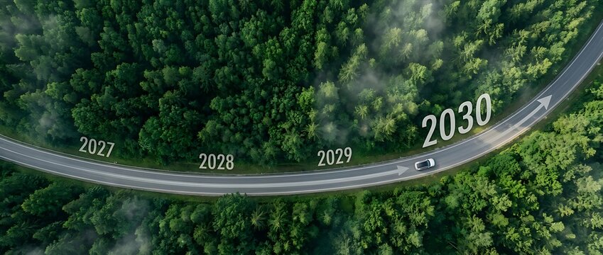 Electric vehicle driving on a winding forest road with a timeline graphic indicating progress toward 2030