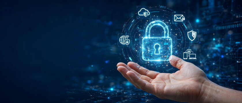Cybersecurity padlock concept with digital network protection and secure technology background