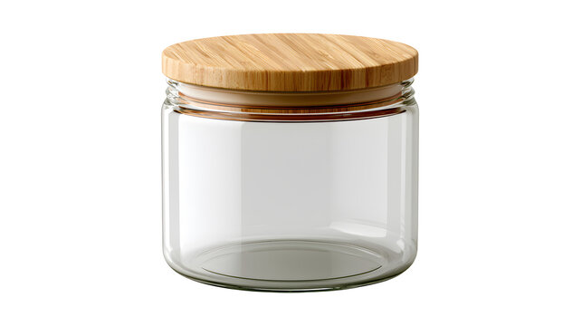 A professional studio shot of a glass storage container bamboo wood lid airtight rubber seal, clean PNG isolated on a solid white background