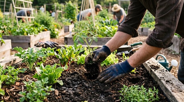 Close up hands planting vegetable seedlings in garden soil