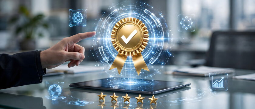 Digital verified service badge with quality standards and technology interface