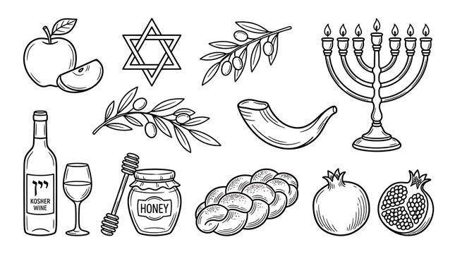 Hand drawn collection of traditional Jewish holiday symbols isolated on white background