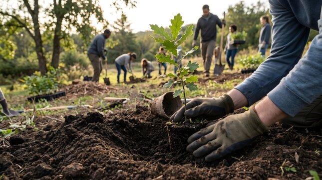 Planting a young tree seedling in soil for environmental conservation