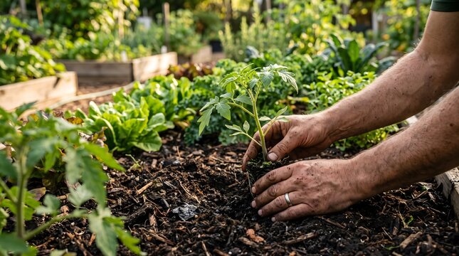 Hands planting a seedling into soil in a garden environment