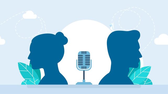 Couple. Perfect for a podcast or interview promo. Man, woman with microphone. Transition represents connecting and speaking up together. Dialog. Two people can't reach an agreement. 2d flat animation