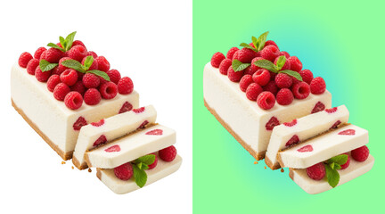Delicious cheesecake topped with fresh raspberries and mint leaves © Design Planer