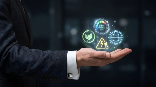 Business professional hand holding digital energy and sustainability icons
