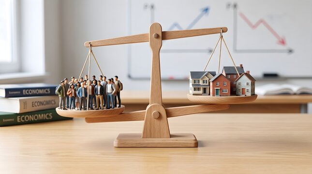 Balance scale with people figures and housing models representing economic balance