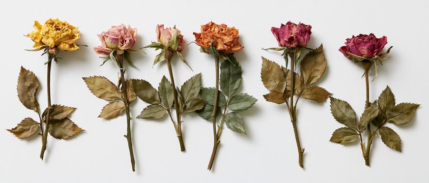 Five dried pressed miniature rose stems arranged in a row on white background