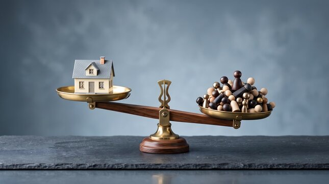 Miniature house on balance scale representing property valuation and housing market