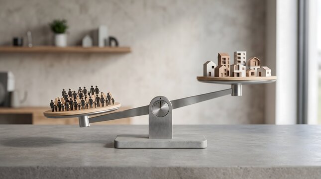 Balance scale comparing housing and population concepts for real estate market analysis