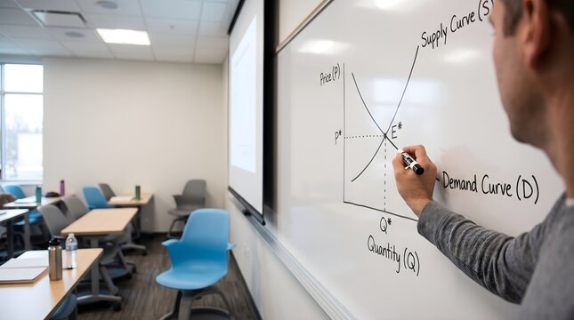 Person drawing supply and demand market curves on whiteboard in classroom