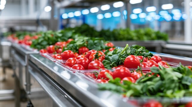 The Fresh Tomatoes on a Conveyor Belt in a Modern Market