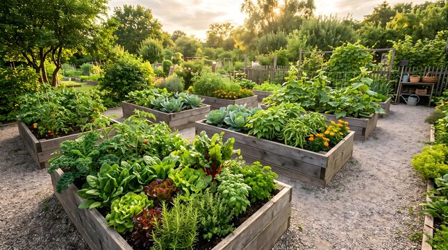 Wooden planters with fresh vegetables growing in a sustainable garden