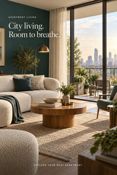 City Apartment Living Poster with Cozy Interior and Skyline View