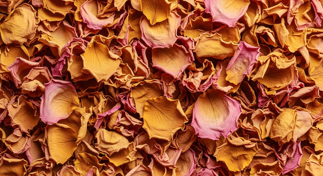 Dried yellow and pink rose petals texture background for romantic decor