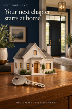 Home Buying Poster with Miniature House and Silver Key