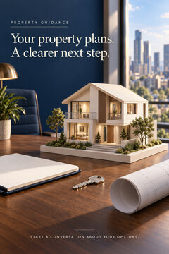 Property Consultation Poster with House Model and Key on Office Desk