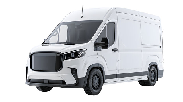 A professional studio shot of a modern electric delivery van white clean commercial panel, clean PNG isolated on a solid white background