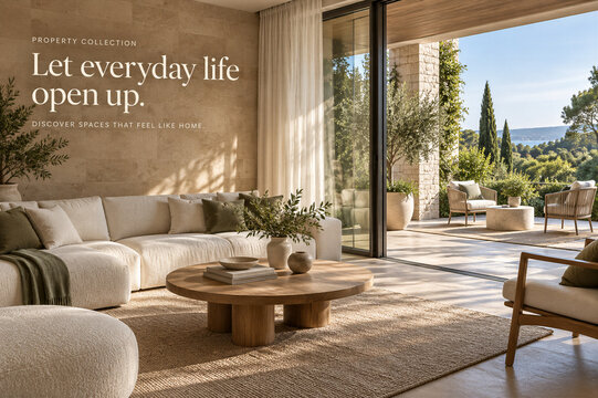 Property Marketing Poster with Living Room Opening onto Sunny Terrace